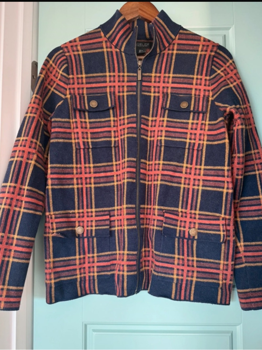 Rachel Zoe Plaid Zip Front Jacket Large Navy Rust Fall Utility Jacket